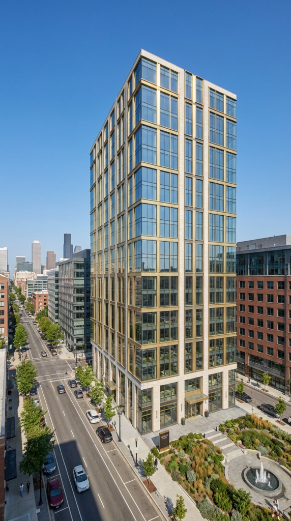 modern high rise building with premium goldbeige 1770741808151